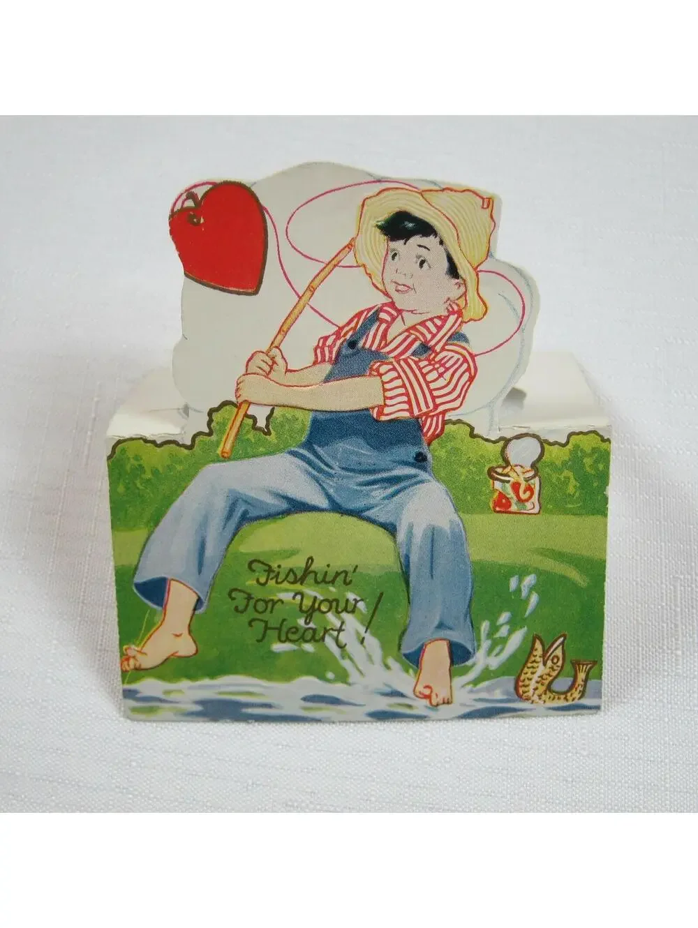 Vintage Valentine 1929 Stand Up Boy Fishing For Heart American Colortype Co USA